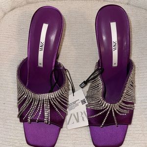 Zara Purple Satin Slide Sandals with Crystal Fringe